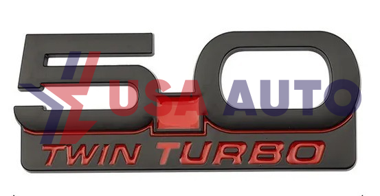 ემბლემა 5.0 TWIN TURBO 135x50mm შავი, წითელი წარწერით (რკინა)