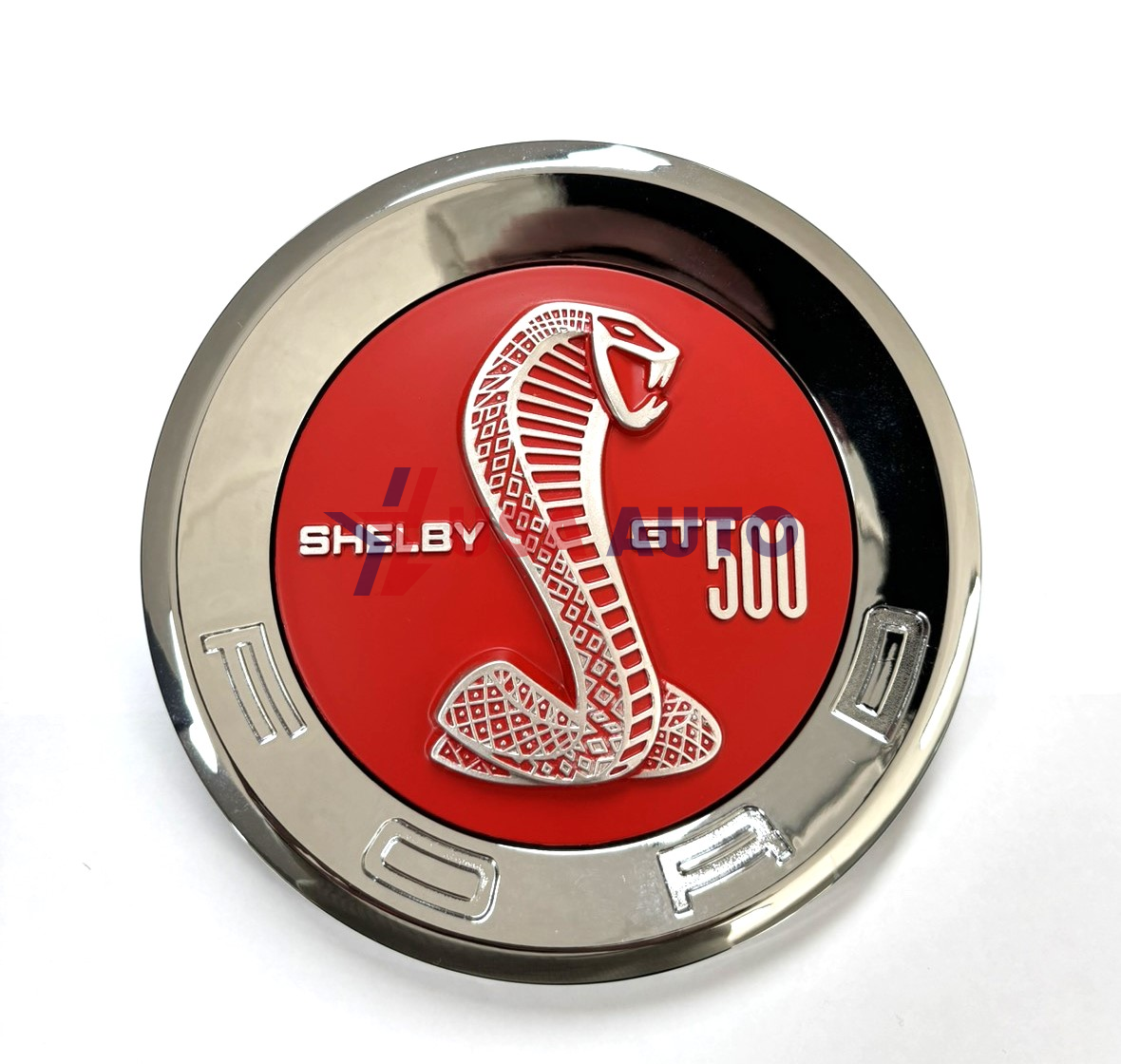 ემბლემა საბარგულის MUSTANG SHELBY GT 500 150mm წითელი, ქრომირებული კანტით (ABS პლასტმასი)