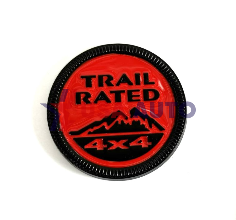 ემბლემა TRAIL RATED 4x4 63mm შავი, წითელი გაფორმებით (რკინა)