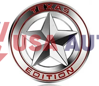 ემბლემა TEXAS EDITION მრგვალი ვარსკვლავი 75mm ქრომირებული, წითელი წარწერით (რკინა)