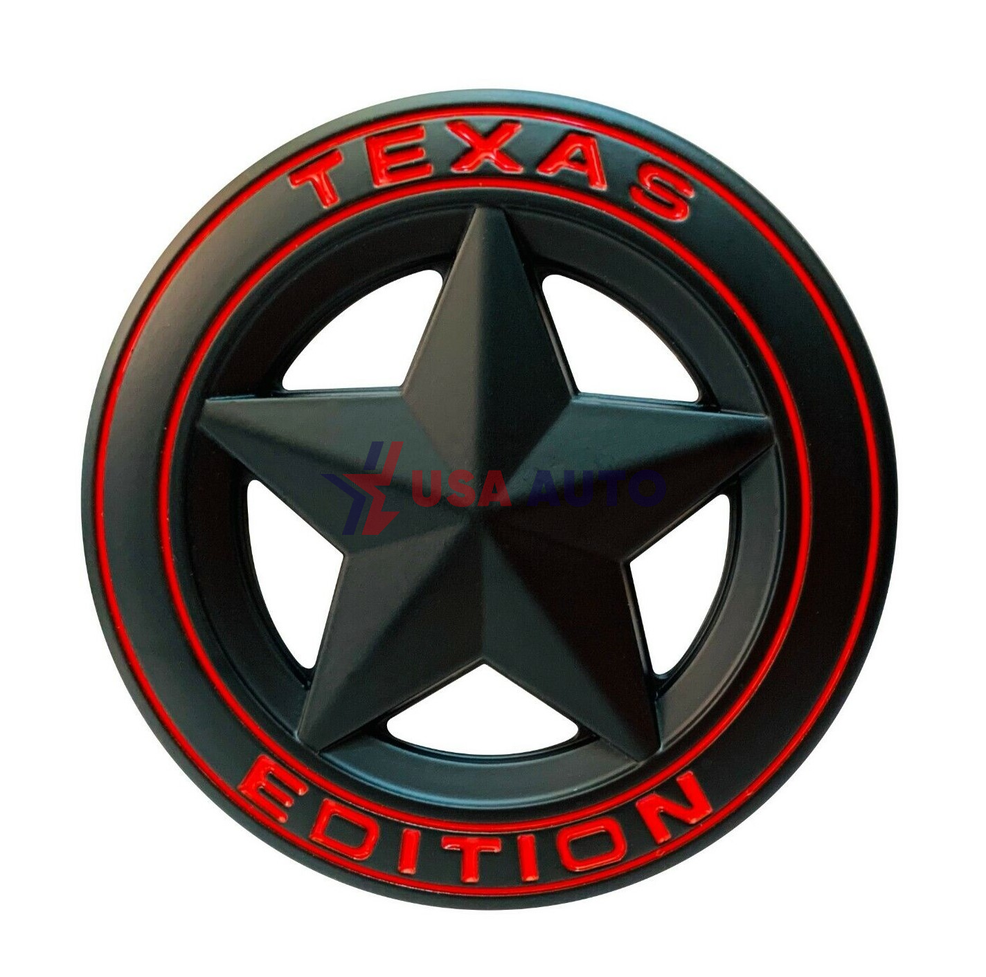 ემბლემა TEXAS EDITION მრგვალი ვარსკვლავი 75mm შავი, წითელი წარწერით (რკინა)