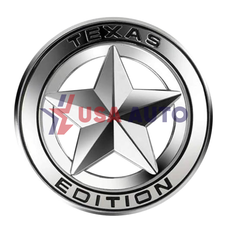 ემბლემა TEXAS EDITION მრგვალი ვარსკვლავი 75mm ქრომირებული, შავი წარწერით (რკინა)